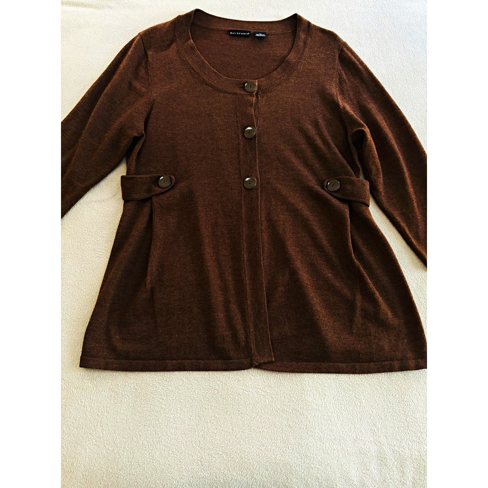 Bay Studio Women's Brown Button Frnt Cardigan Sweater XL V-Neck 3/4 Sleeve Brown
